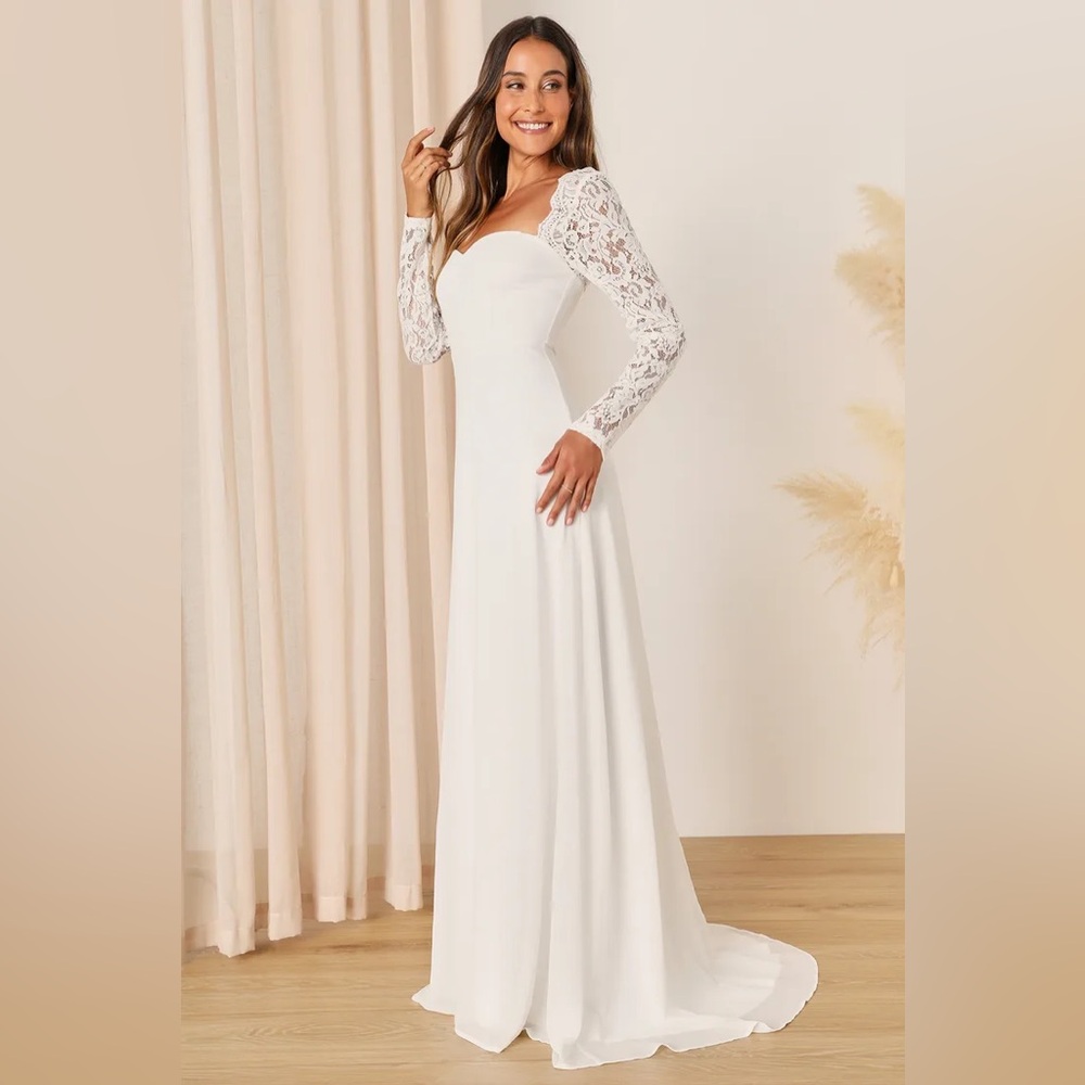 New Lulus Promised Forever White Lace Long Sleeve Backless Maxi Dress Medium - Picture 3 of 5